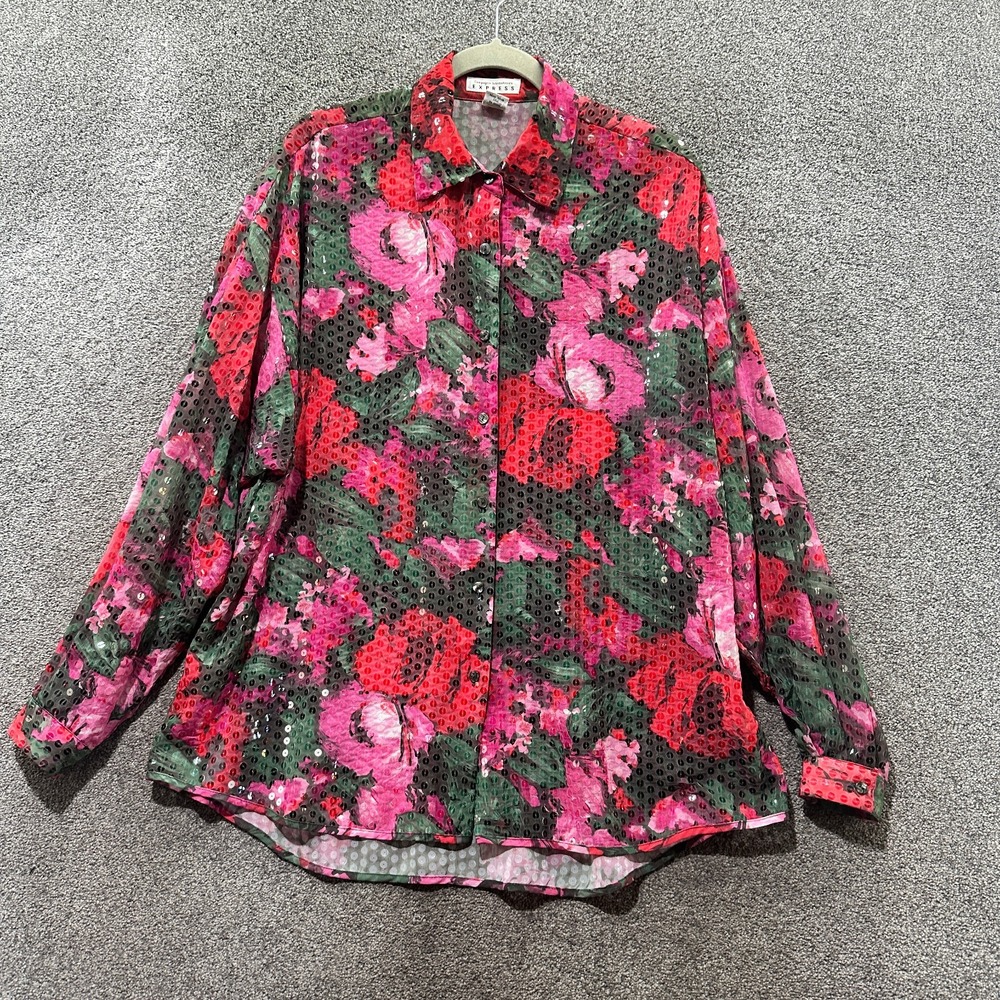 VTG 90s/Y2k‎ Express Button Up Top L Long Sleeve Sequin Romantic Feminine Career